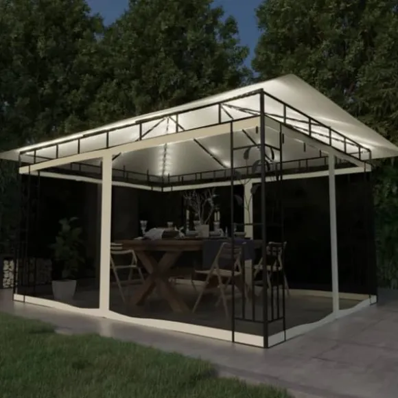 Havemøbler pavillon med myggenet og solcelledrevne LED-lys | Farve: Creme | Størrelse: 4x3x2,73 m
