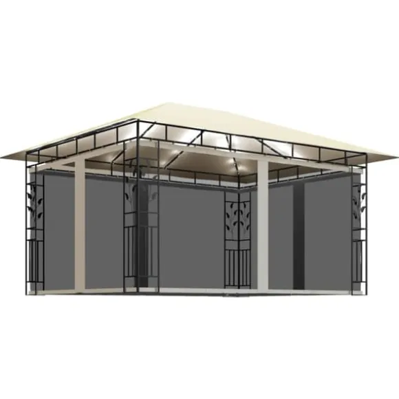 Havemøbler pavillon med myggenet og solcelledrevne LED-lys | Farve: Creme | Størrelse: 4x3x2,73 m