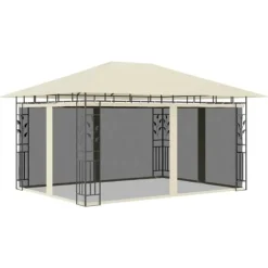 Havemøbler pavillon med myggenet og solcelledrevne LED-lys | Farve: Creme | Størrelse: 4x3x2,73 m