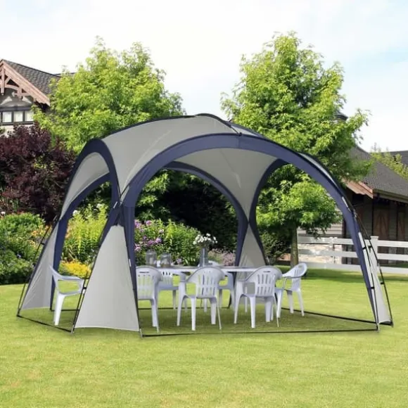 Have-/partytelt 3,5×3,5×2,3 m, solbeskyttelse, glasfiber & polyester, creme/blå