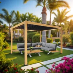 Havepergola 3x4 m ALUMINIUM 4 gardiner SIDE LED-belysning FJERNBETJENING