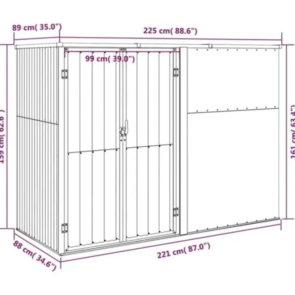 Haveredskabsskur i galvaniseret stål - Opbevaring til haveredskaber | Størrelse: 225x89x161 cm | Farve: Brun