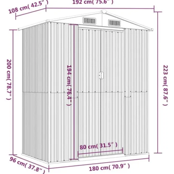 Haveskur i galvaniseret stål - Rummelig opbevaring | Farve: Lysegrå | Størrelse: 192x108x223 cm