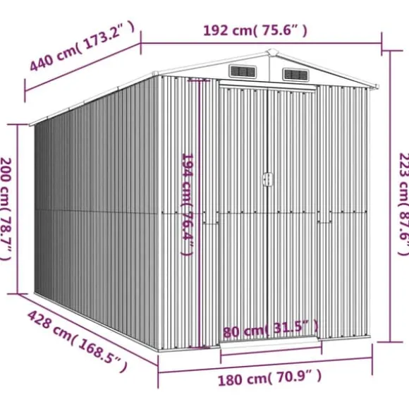 Haveskur i galvaniseret stål - Rummeligt opbevaringsskur | Farve: Lysebrun | Størrelse: 192x440x223 cm