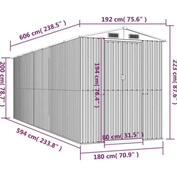 Haveskur i galvaniseret stål - Rummelig opbevaring | Farve: Lysegrå | Størrelse: 192x606x223 cm