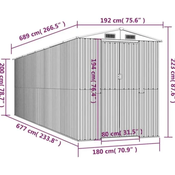 Haveskur i galvaniseret stål - Rummeligt opbevaringsskur | Farve: Lysebrun | Størrelse: 192x689x223 cm