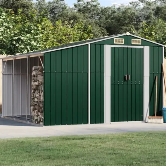 Haveskur i galvaniseret stål - Opbevaringsskur til haveværktøj | Farve: Grøn | Størrelse: 277x279x179 cm