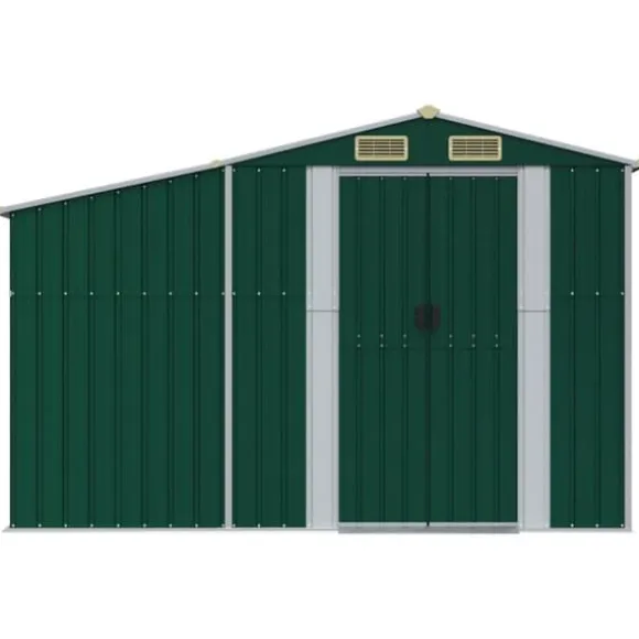 Haveskur i galvaniseret stål - Opbevaringsskur til haveværktøj | Farve: Grøn | Størrelse: 277x279x179 cm