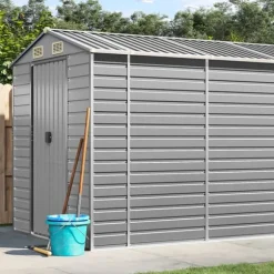 Haveskur i galvaniseret stål - Multifunktionelt opbevaringsskur | Farve: Lysegrå | Størrelse: 191x470x198 cm