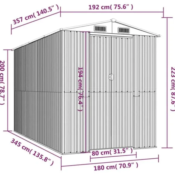 Haveskur i galvaniseret stål - Rummeligt opbevaringsskur | Farve: Lysebrun | Størrelse: 192x357x223 cm