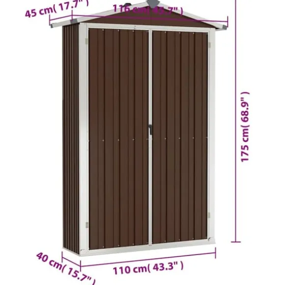 Haveskur i galvaniseret stål - Opbevaringshus | Størrelse: 116x45x175 cm | Farve: Brun
