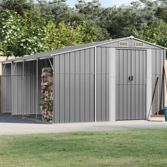 Haveskur i galvaniseret stål - Opbevaring til værktøj | Farve: Grå | Størrelse: 277x365,5x179 cm
