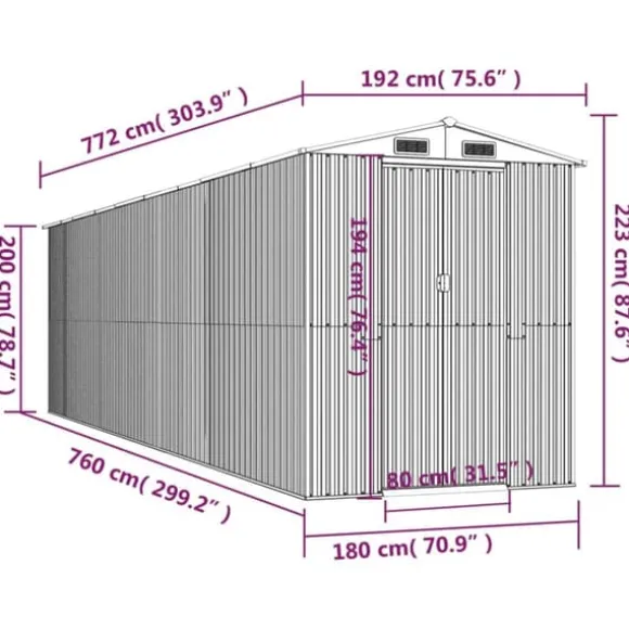 Haveskur i galvaniseret stål - Rummelig opbevaringsløsning | Farve: Mørkebrun | Størrelse: 192x77x223 cm