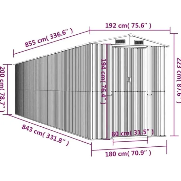 Haveskur i galvaniseret stål - Rummelig udendørs opbevaringsløsning | Størrelse: 192x85x223 cm | Farve: Antracitgrå