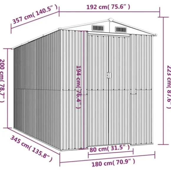 Haveskur i galvaniseret stål - Rummelig opbevaringsløsning | Farve: Lysegrå | Størrelse: 192x357x223 cm