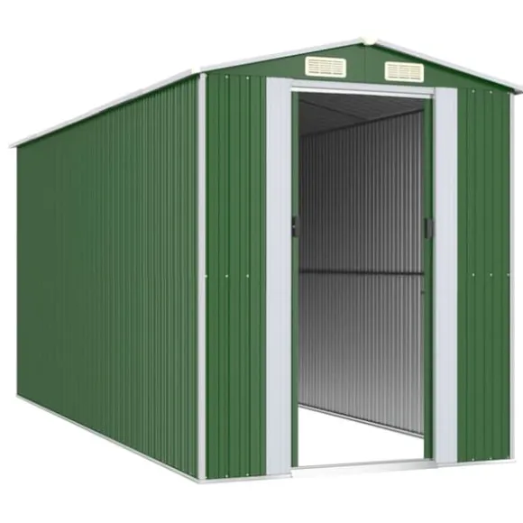 Haveskur i galvaniseret stål - Rummeligt opbevaringsskur | Farve: Grøn | Størrelse: 192x440x223 cm