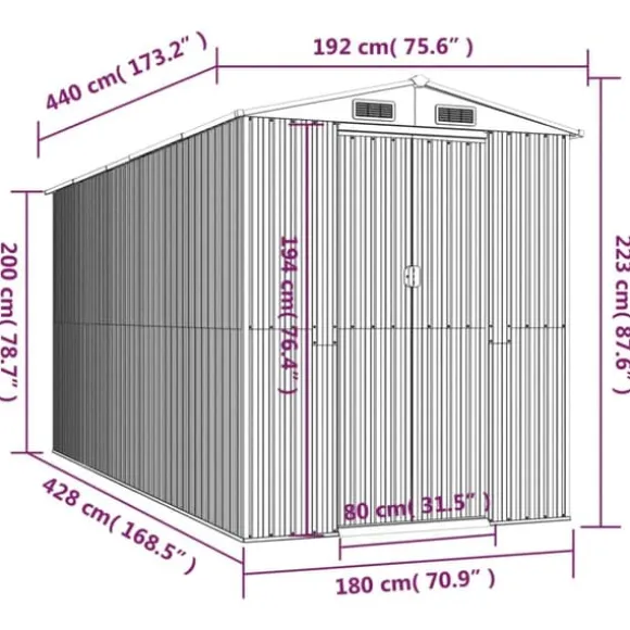Haveskur i galvaniseret stål - Rummeligt opbevaringsskur | Farve: Grøn | Størrelse: 192x440x223 cm