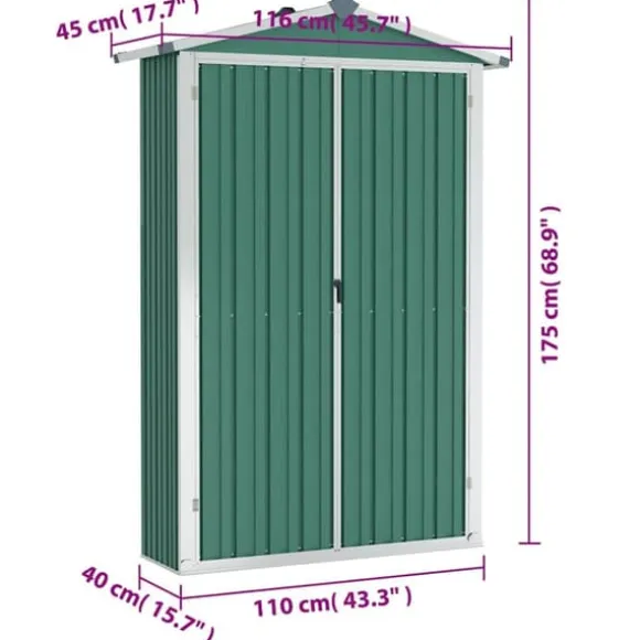Haveskur i galvaniseret stål - Opbevaringshus | Farve: Grøn | Størrelse: 116x45x175 cm