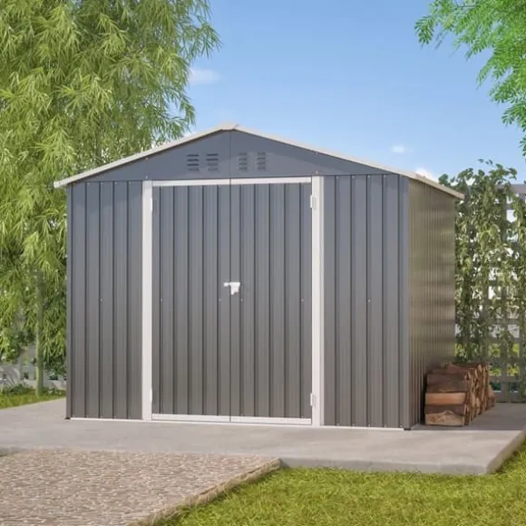 Haveskur i metal 8×6 fod med foldedør, antracitgrå – til opbevaring af haveredskaber og værktøj