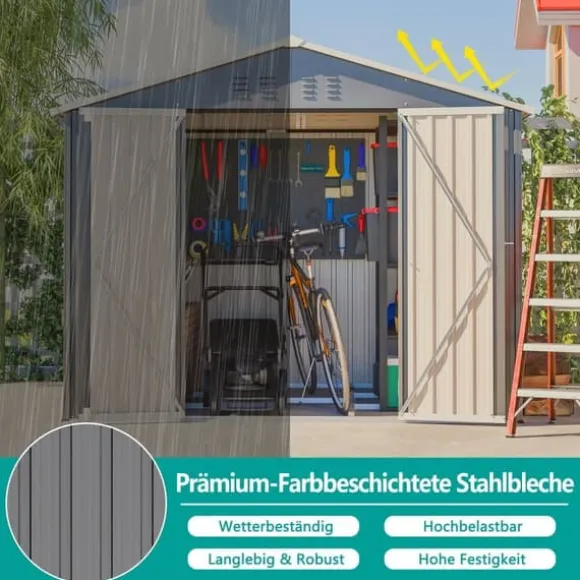 Haveskur i metal 8×6 fod med foldedør, antracitgrå – til opbevaring af haveredskaber og værktøj