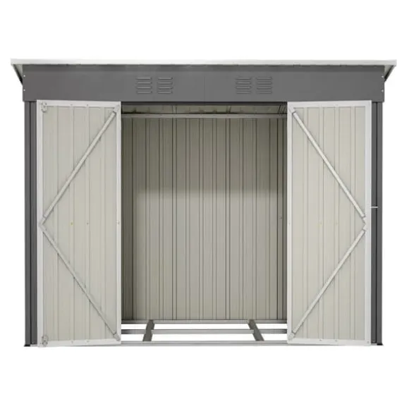 Haveskur i metal 8×4 ft (ca. 244×122 cm), grå – vejrbestandig, inkl. metalfundament (uden gulv) til have/terrasse