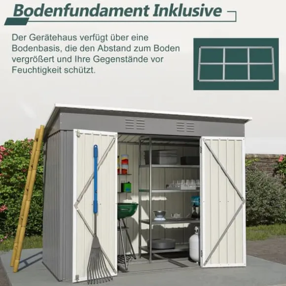 Haveskur i metal 8×4 ft (ca. 244×122 cm), grå – vejrbestandig, inkl. metalfundament (uden gulv) til have/terrasse