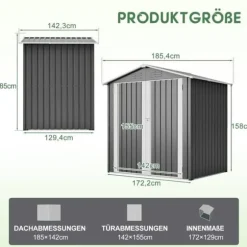 Haveskur i metal 142 x 185 cm, grå – aflåselig dør, ventilationshul, inkl. metalbund, vejrbestandig til haveredskaber