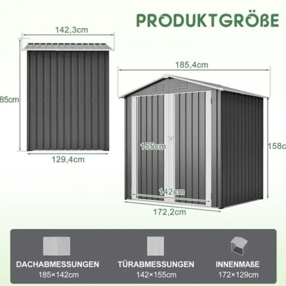 Haveskur i metal 142 x 185 cm, grå – aflåselig dør, ventilationshul, inkl. metalbund, vejrbestandig til haveredskaber