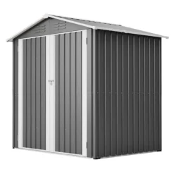Haveskur i metal 142 x 185 cm, grå – aflåselig dør, ventilationshul, inkl. metalbund, vejrbestandig til haveredskaber
