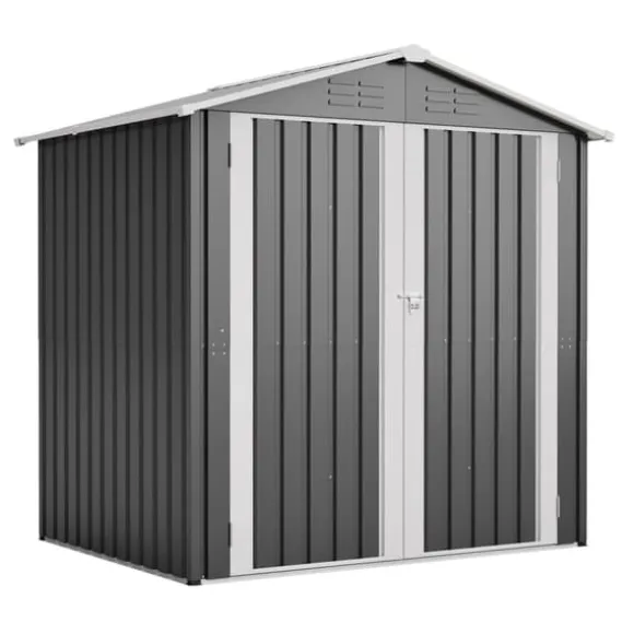 Haveskur i metal 142 x 185 cm, grå – aflåselig dør, ventilationshul, inkl. metalbund, vejrbestandig til haveredskaber