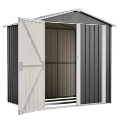Haveskur i metal 142 x 185 cm, grå – aflåselig dør, ventilationshul, inkl. metalbund, vejrbestandig til haveredskaber