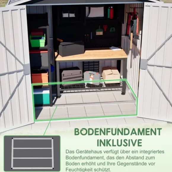Haveskur i metal 142 x 185 cm, grå – aflåselig dør, ventilationshul, inkl. metalbund, vejrbestandig til haveredskaber