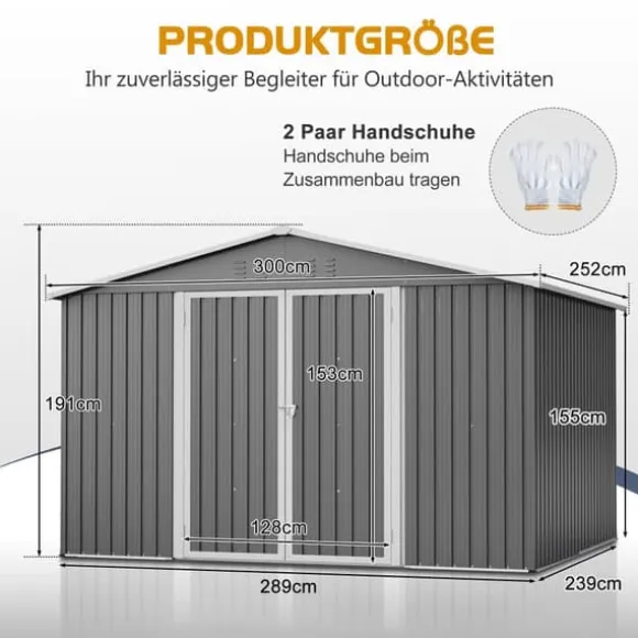 Haveskur i metal 300 x 252 x 191 cm, grå – gaveltag, robust opbevaring til haveredskaber og redskaber