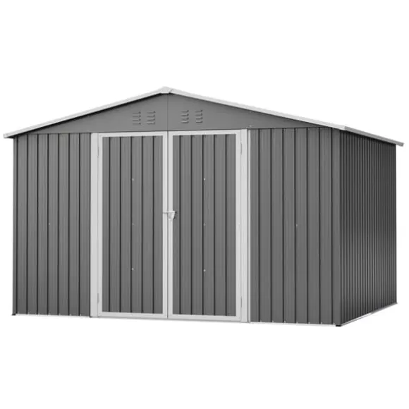 Haveskur i metal 300 x 252 x 191 cm, grå – gaveltag, robust opbevaring til haveredskaber og redskaber