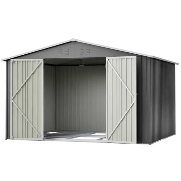 Haveskur i metal 300 x 252 x 191 cm, grå – gaveltag, robust opbevaring til haveredskaber og redskaber