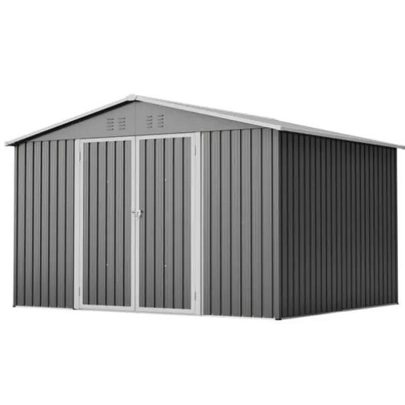 Haveskur i metal 300 x 252 x 191 cm, grå – gaveltag, robust opbevaring til haveredskaber og redskaber