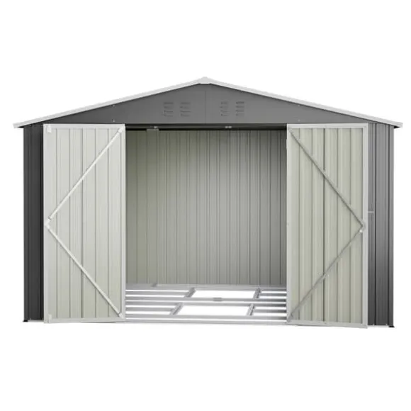 Haveskur i metal 300 x 252 x 191 cm, grå – gaveltag, robust opbevaring til haveredskaber og redskaber