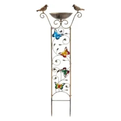 Havespalier/klatrestativ med fuglebad - Sommerfuglemønster - Metal, vandtæt - Højde 100 cm - Jordspyd 17 cm - Fuglebad dybde 5 cm - Hvid