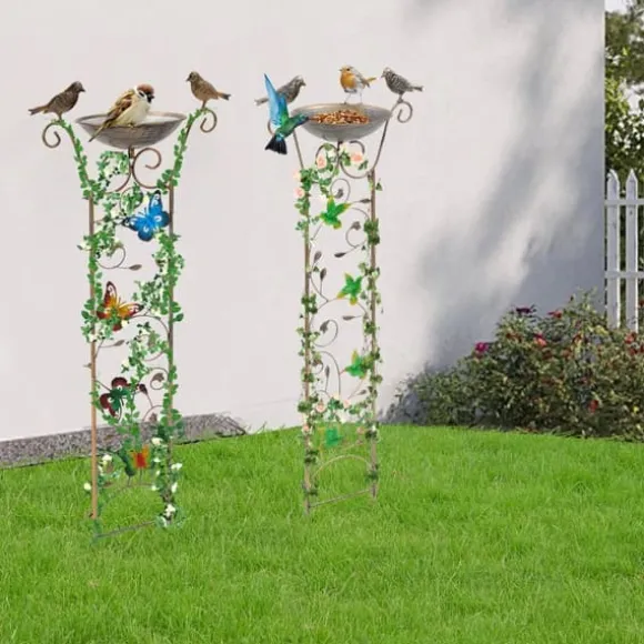 Havespalier/klatrestativ med fuglebad - Sommerfuglemønster - Metal, vandtæt - Højde 100 cm - Jordspyd 17 cm - Fuglebad dybde 5 cm - Hvid