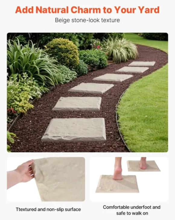 Havetrædesten - Trinsten - Sæt med 4 - 39,5 x 39,5 cm - Vejrbestandig plast - Med jordspyd - Til gangsti i have/terrasse - Beige