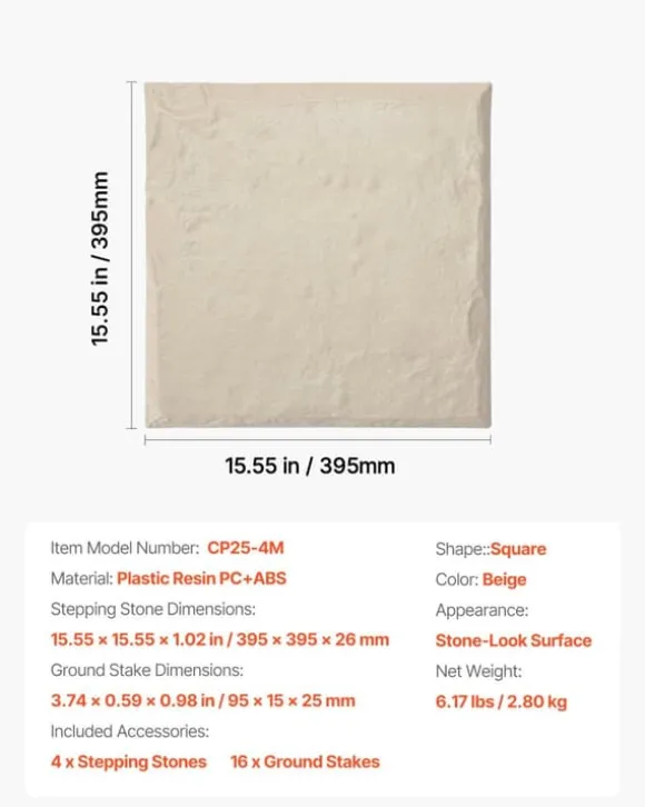 Havetrædesten - Trinsten - Sæt med 4 - 39,5 x 39,5 cm - Vejrbestandig plast - Med jordspyd - Til gangsti i have/terrasse - Beige