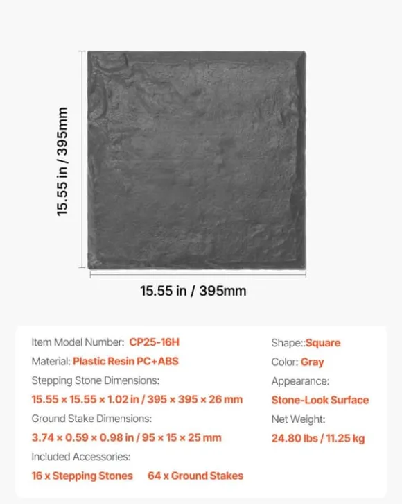 Havetrinsten / Trædesten - Sæt 16 stk. - Mål 39,5 x 39,5 cm - Vejrbestandig plast - Med jordspyd til fastgørelse - Til græsplæne og terrasse - Grå