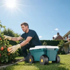 Havevogn med Sæde på Ruller, Model 114 kg, Havescooter med Opbevaringskasse & Komfortabelt Sæde