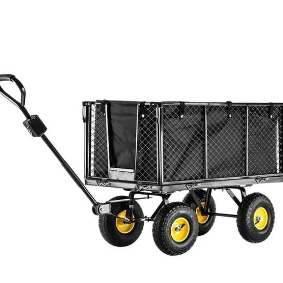 Havevogn, Pulverlakeret metalmateriale, 450 kg kapacitet, Dimensioner 96x51x72 cm, Mønstret hjul for stabilitet, Netvægge med PVC presenning