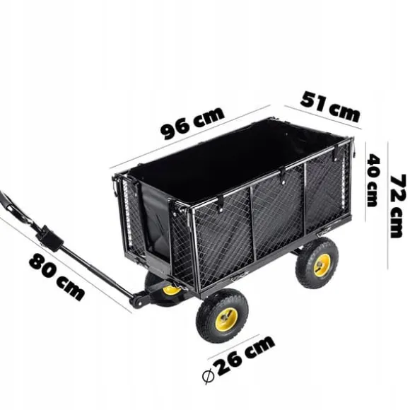 Havevogn, Pulverlakeret metalmateriale, 450 kg kapacitet, Dimensioner 96x51x72 cm, Mønstret hjul for stabilitet, Netvægge med PVC presenning
