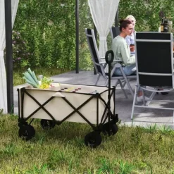Havevogn sammenklappelig 100 kg med aftagelig dug, håndtag & hjul, 138 L, beige
