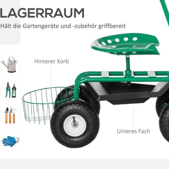 Havevogn/værkstedsvogn med roterende sæde & kurv, højdejusterbar, 150 kg, grøn, 81×44,5×46–59 cm