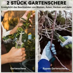 Haveværktøjssæt, 2 dele, rustfrit stål: beskæresaks + grensaks, grøn/sølv
