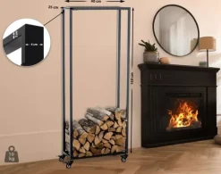 Hetta Black Metal Firewood Rack with Wheels - 25x40x150 cm
