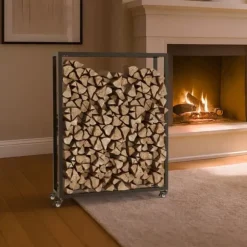 Hilta Metal Firewood Log Holder Stand with Wheels, Black, 25x80x100 cm